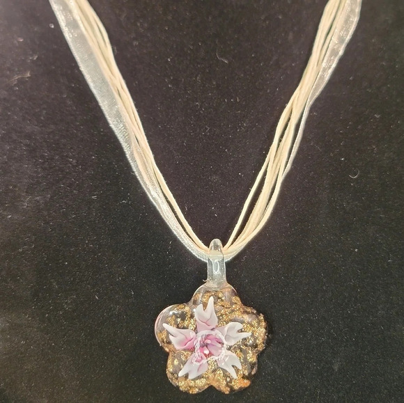 0272. New Lampwork Blown Glass Pink Flowers Surrounded by Gold ~ NEW - Picture 3 of 3